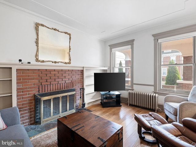 living room featuring radiator, crown molding, a fireplace, and light hardwood / wood-style flooring