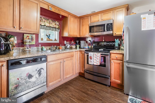 kitchen featuring sink, stainless steel appliances, and dark wood-type flooring