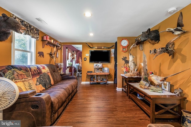 living room with dark hardwood / wood-style flooring