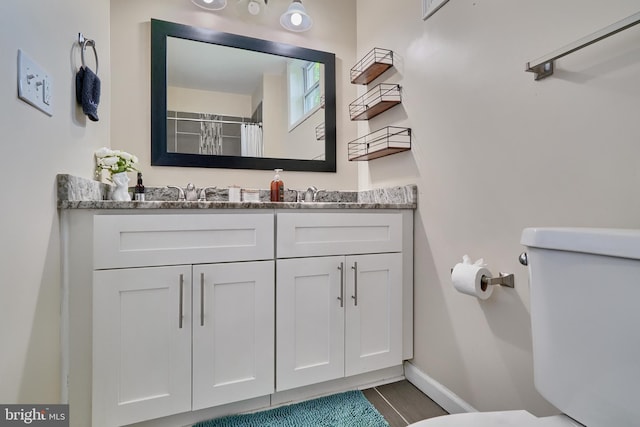 bathroom featuring toilet, a shower with shower curtain, and vanity