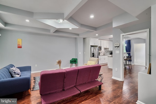 living room featuring sink and dark wood-type flooring