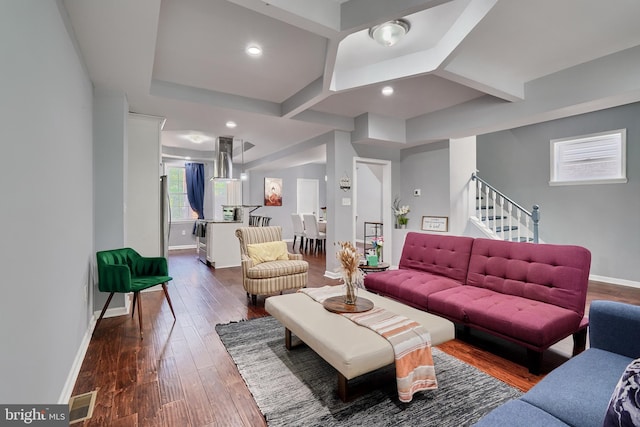 living room featuring dark wood-type flooring