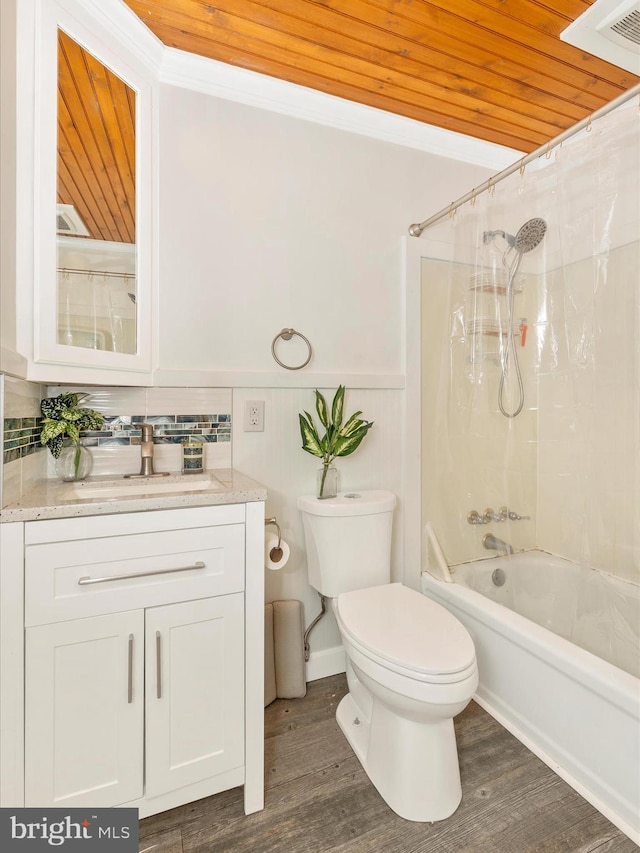 full bathroom featuring hardwood / wood-style floors, shower / tub combo with curtain, toilet, tasteful backsplash, and wood ceiling