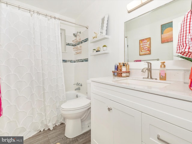 full bathroom with wood-type flooring, vanity, toilet, and shower / bath combination with curtain