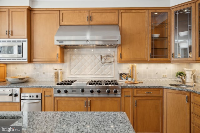 kitchen featuring backsplash, sink, range hood, and stainless steel appliances