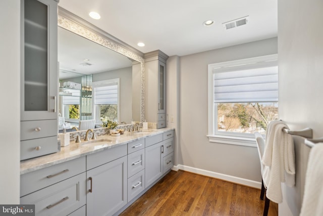 bathroom featuring a wealth of natural light, hardwood / wood-style floors, and vanity