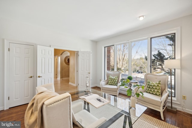 living room with dark hardwood / wood-style floors