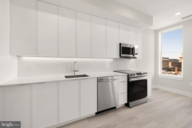 kitchen featuring sink, white cabinets, light hardwood / wood-style flooring, and appliances with stainless steel finishes