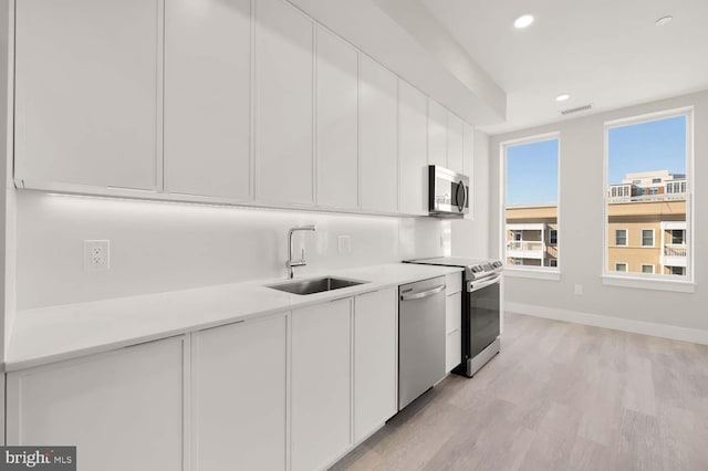 kitchen with white cabinets, light hardwood / wood-style floors, sink, and appliances with stainless steel finishes