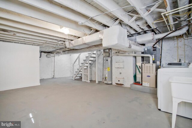 3917 Ridgewood Ave, Baltimore, MD 21215 - unfinished below grade area with gas water heater, stairs, washer and dryer, and heating unit