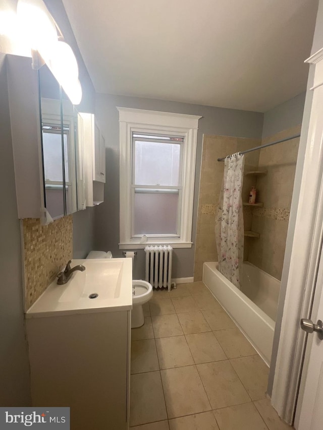 full bathroom featuring radiator, tile patterned flooring, shower / bath combination with curtain, toilet, and vanity