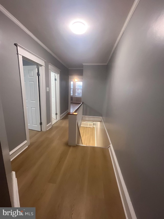 corridor with wood-type flooring and ornamental molding