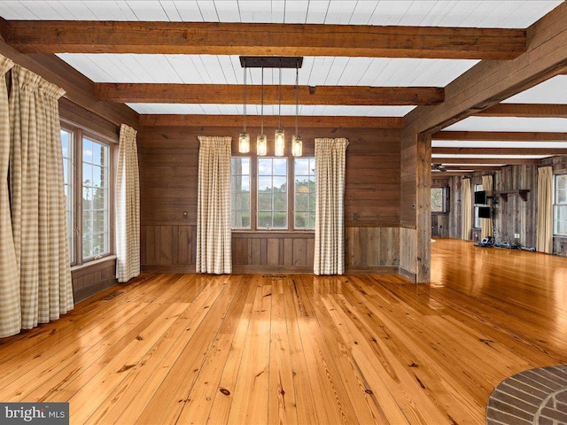 unfurnished living room with beamed ceiling, light wood-type flooring, wood ceiling, and wooden walls