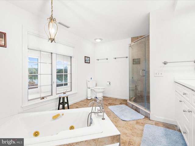 full bathroom featuring tile patterned floors, toilet, vanity, and shower with separate bathtub