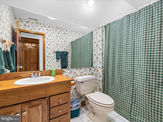 bathroom with tile patterned flooring, vanity, toilet, and a shower with shower curtain