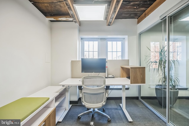 home office with wood ceiling