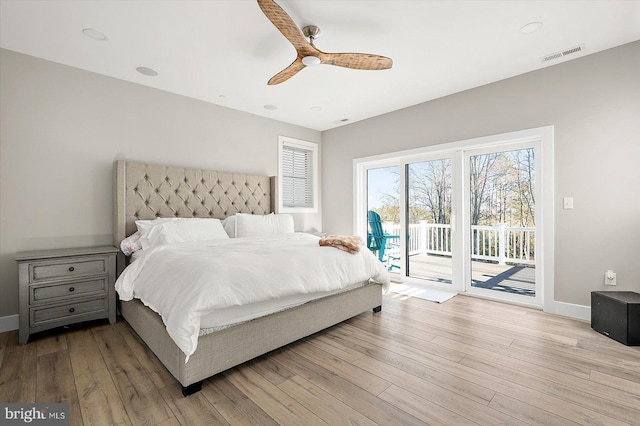 bedroom with access to outside, ceiling fan, and light wood-type flooring