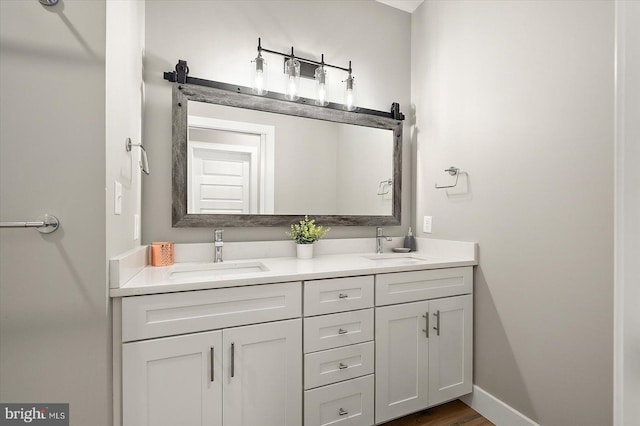 bathroom with vanity and hardwood / wood-style flooring