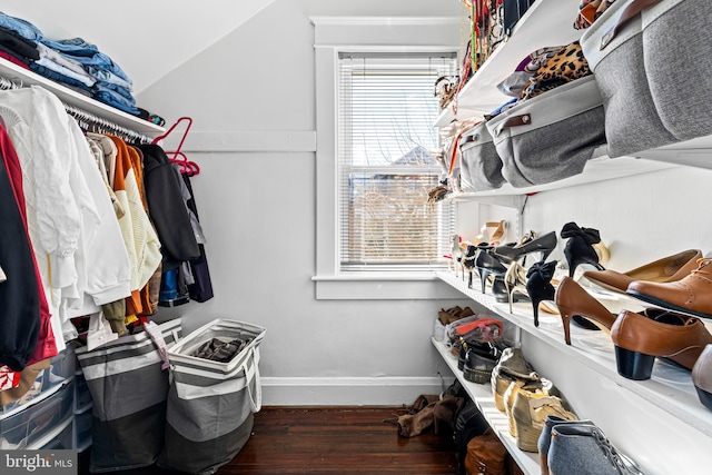 spacious closet featuring dark wood-type flooring and lofted ceiling