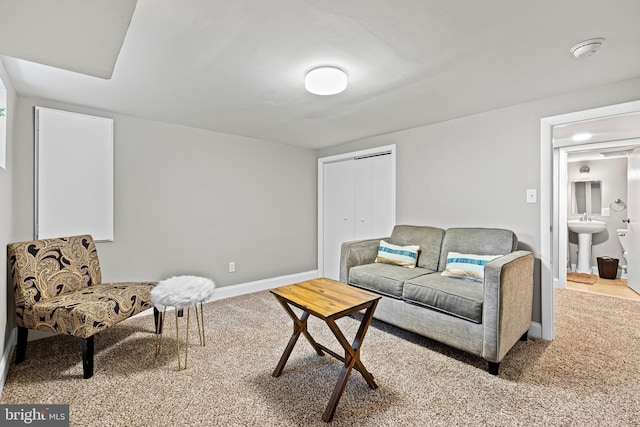 carpeted living room with sink