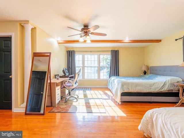 bedroom featuring light wood-type flooring and ceiling fan