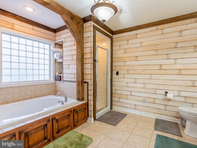 bathroom featuring tile patterned floors, plus walk in shower, and toilet