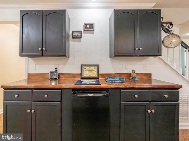 bar featuring dishwasher, hardwood / wood-style floors, and ornamental molding