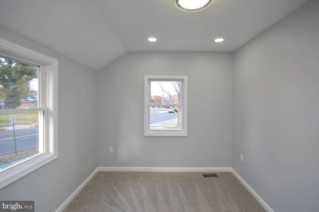 spare room with a wealth of natural light, carpet, and lofted ceiling