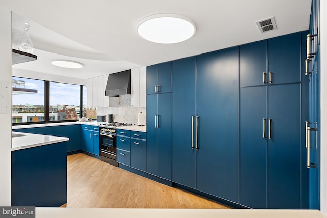 kitchen featuring custom exhaust hood, blue cabinets, light hardwood / wood-style flooring, decorative backsplash, and appliances with stainless steel finishes