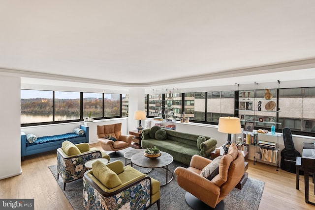 living room with a water view and light hardwood / wood-style floors