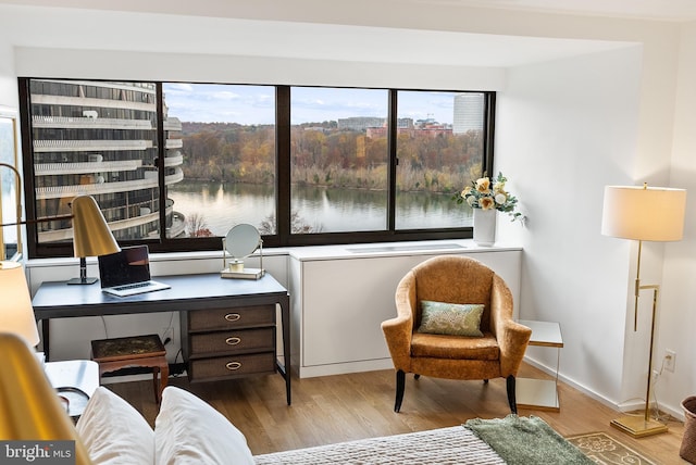 sitting room featuring light hardwood / wood-style flooring and a water view