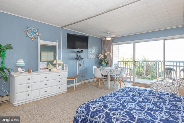 bedroom featuring access to outside and crown molding