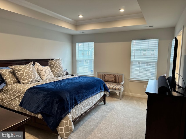 bedroom featuring a raised ceiling, light carpet, and multiple windows