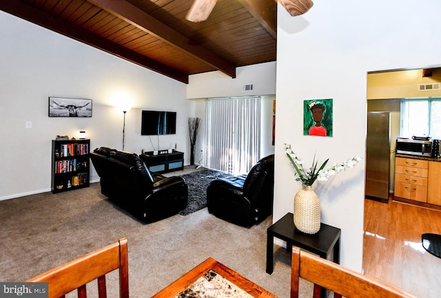 living room featuring wood ceiling, ceiling fan, hardwood / wood-style floors, and lofted ceiling with beams