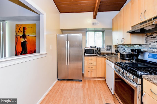 kitchen with exhaust hood, decorative backsplash, appliances with stainless steel finishes, beamed ceiling, and wood ceiling