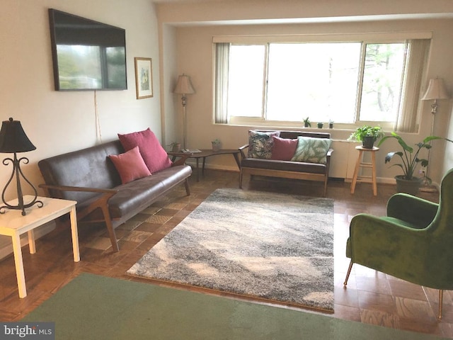 living room featuring dark wood-type flooring