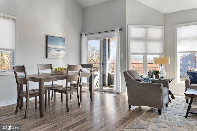 dining space with wood-type flooring, lofted ceiling, and a healthy amount of sunlight