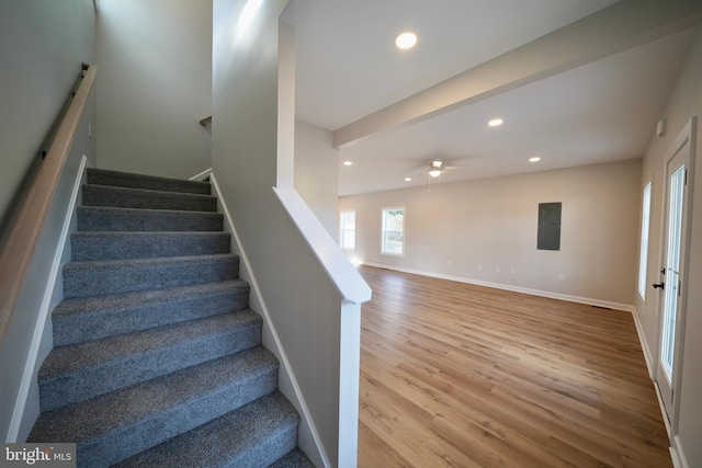 staircase featuring ceiling fan, wood-type flooring, and electric panel