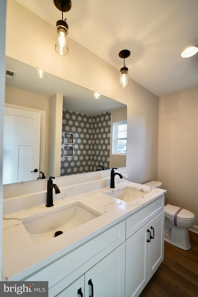 bathroom featuring hardwood / wood-style floors, vanity, and toilet