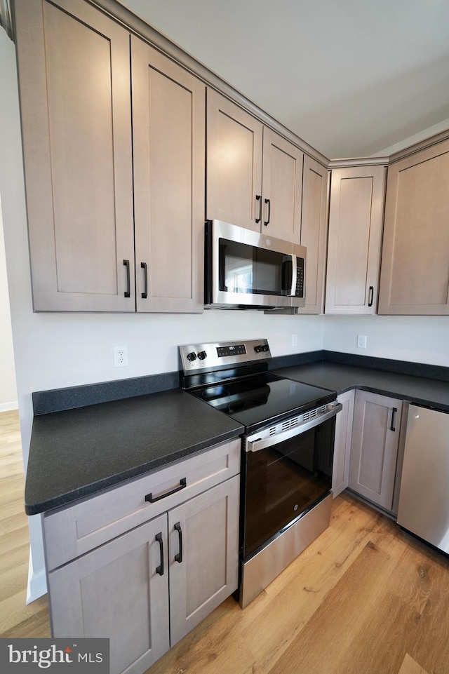 kitchen featuring appliances with stainless steel finishes and light hardwood / wood-style floors