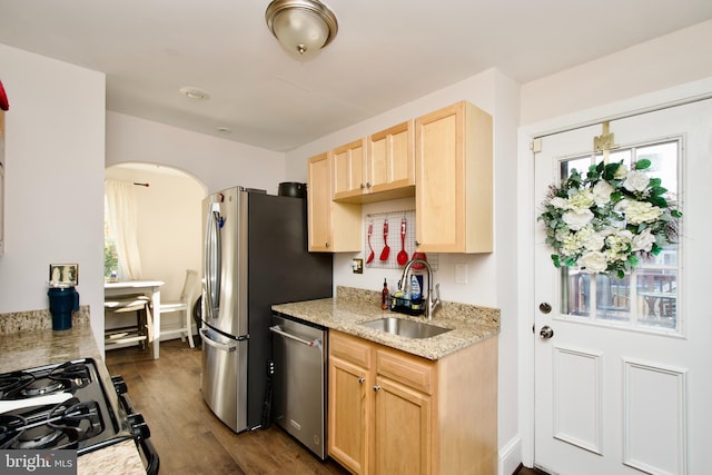 kitchen with hardwood / wood-style floors, stainless steel appliances, light brown cabinets, and sink