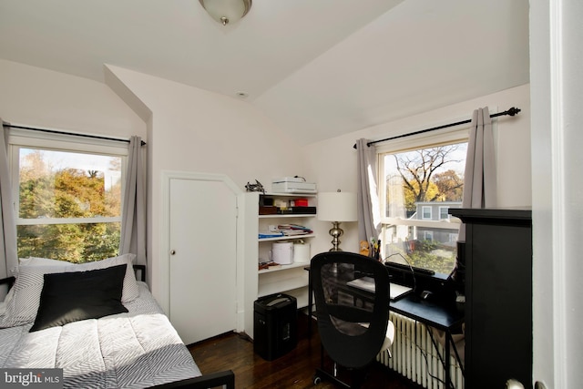 bedroom featuring dark wood-type flooring and vaulted ceiling