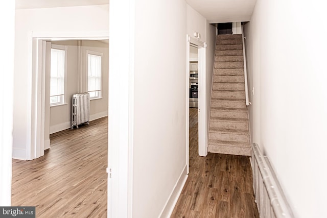 hallway featuring radiator and hardwood / wood-style flooring