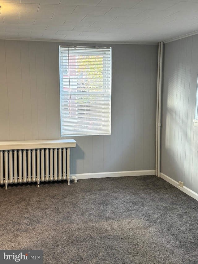 carpeted spare room with radiator heating unit and wooden walls