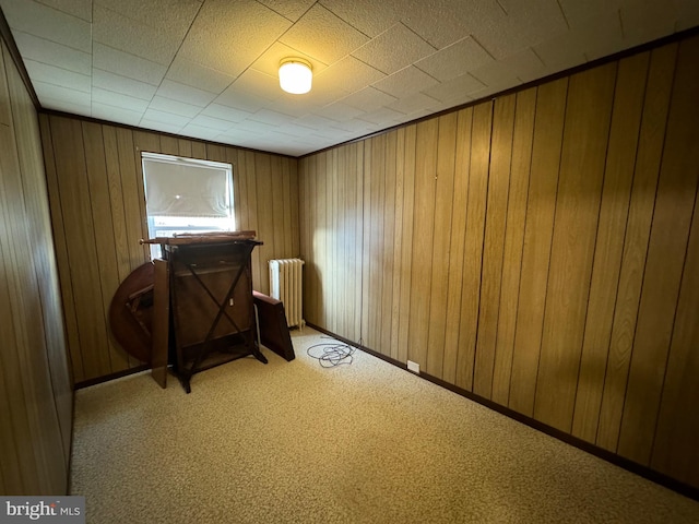 interior space with wood walls, radiator heating unit, and light colored carpet