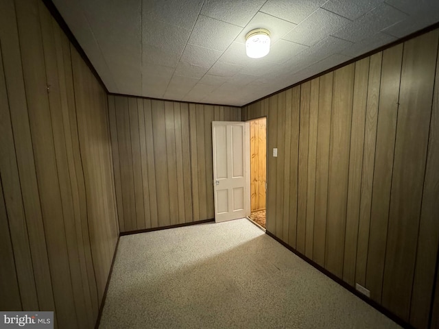 spare room featuring light carpet and wooden walls