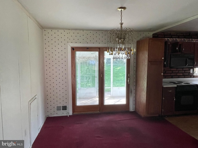 unfurnished dining area featuring carpet flooring, an inviting chandelier, and crown molding