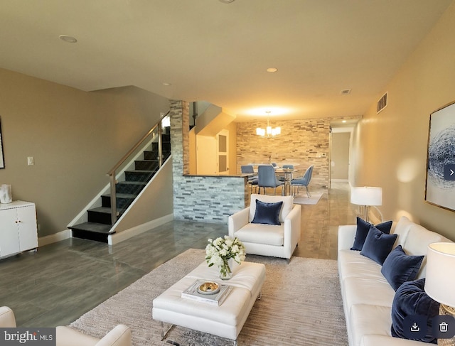 living room with a chandelier