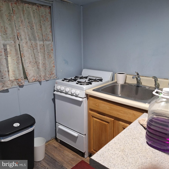 kitchen featuring dark wood-type flooring, white gas stove, and sink