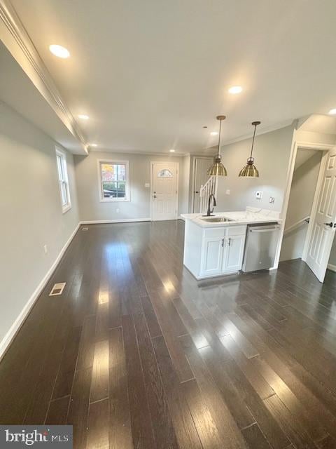 unfurnished living room featuring dark hardwood / wood-style flooring, sink, and ornamental molding